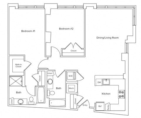 Floor plan for 2 beds, 2 baths, 1173 sqft
